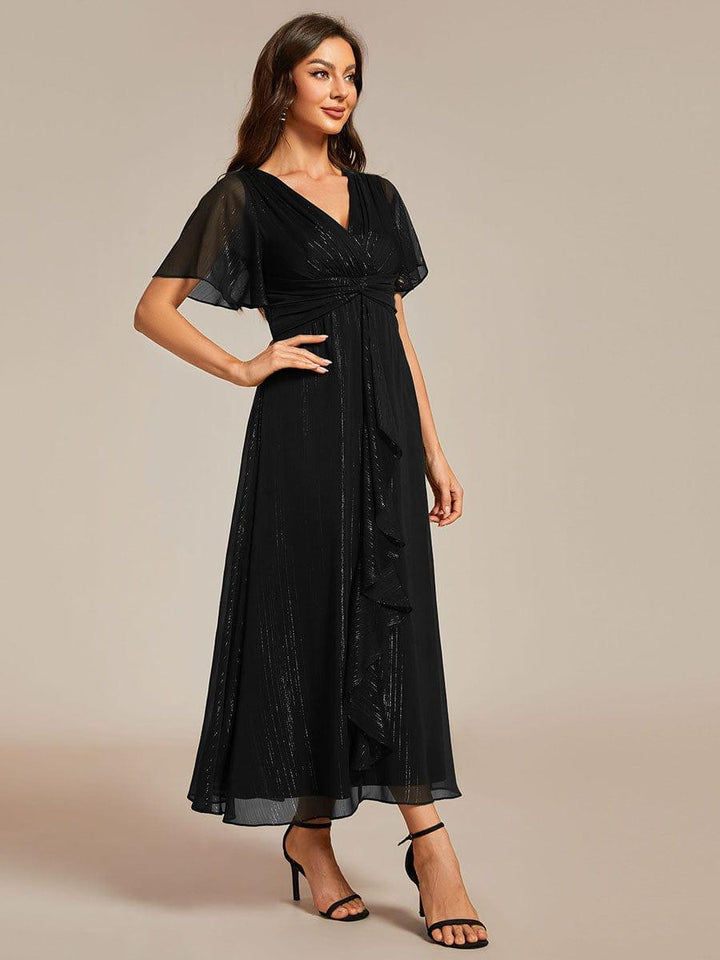 ever OPAHL|Silver Metallic Fabric V-Neck A-Line Wedding Guest Dress Featuring Delicate Ruffled Hem