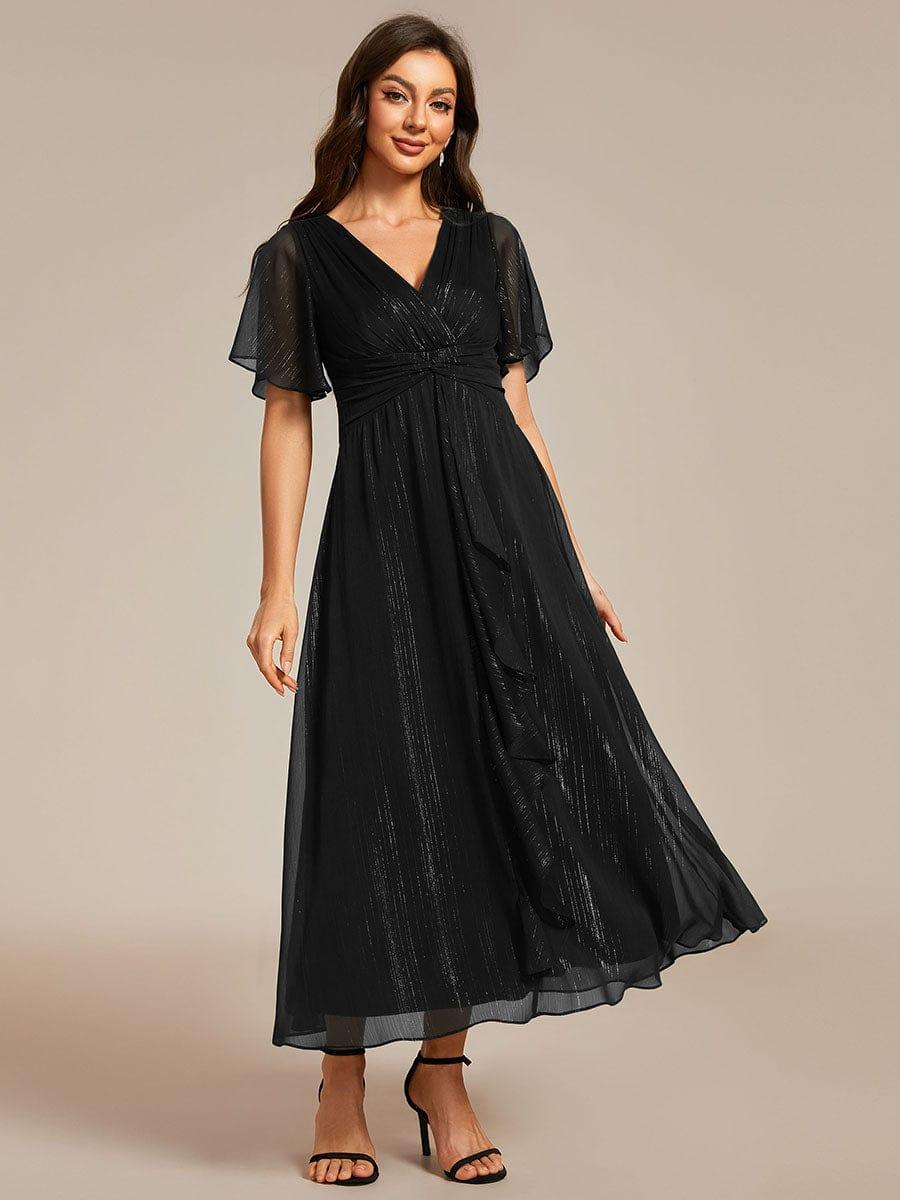 ever OPAHL|Silver Metallic Fabric V-Neck A-Line Wedding Guest Dress Featuring Delicate Ruffled Hem