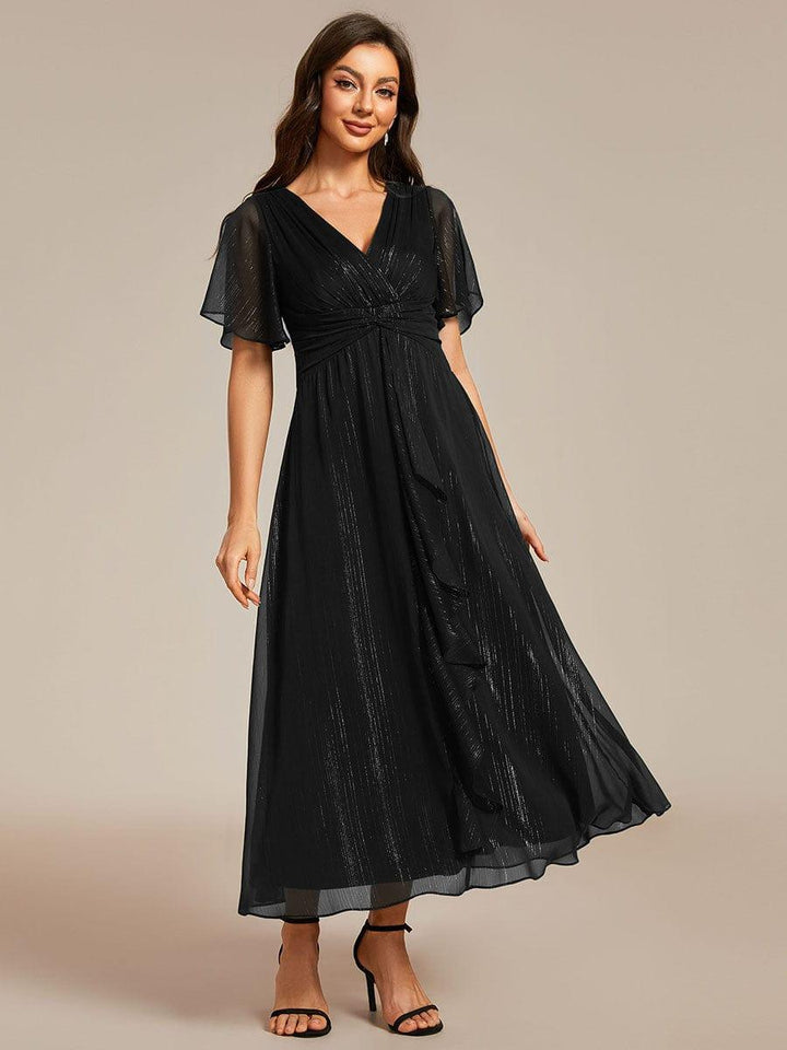 ever OPAHL|Silver Metallic Fabric V-Neck A-Line Wedding Guest Dress Featuring Delicate Ruffled Hem