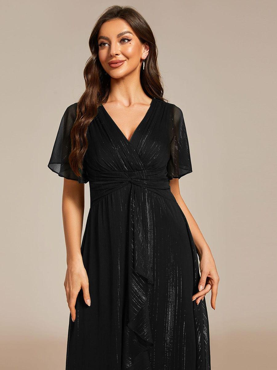 ever OPAHL|Silver Metallic Fabric V-Neck A-Line Wedding Guest Dress Featuring Delicate Ruffled Hem