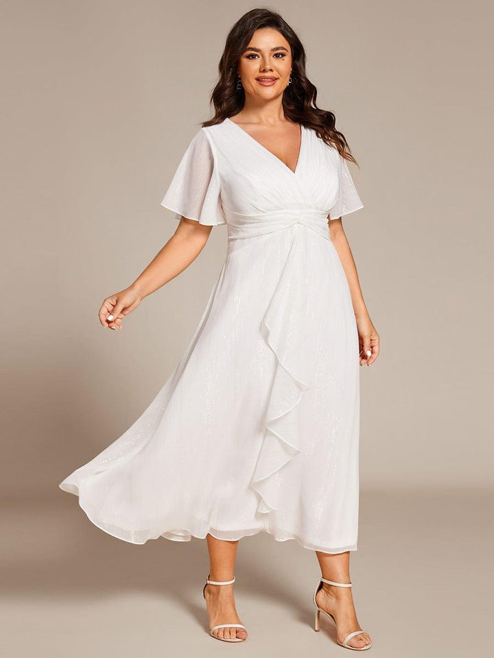 pretty OPAHL|Plus Size Silver Metallic Fabric V-Neck A-Line Wedding Guest Dress featuring Delicate Ruffled Hem