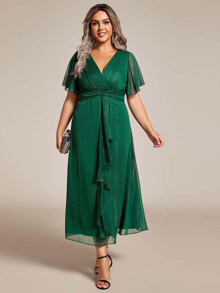 pretty OPAHL|Plus Size Silver Metallic Fabric V-Neck A-Line Wedding Guest Dress featuring Delicate Ruffled Hem