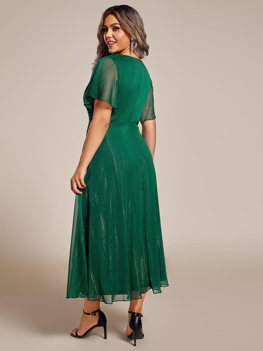 ever OPAHL|Silver Metallic Fabric V-Neck A-Line Wedding Guest Dress Featuring Delicate Ruffled Hem