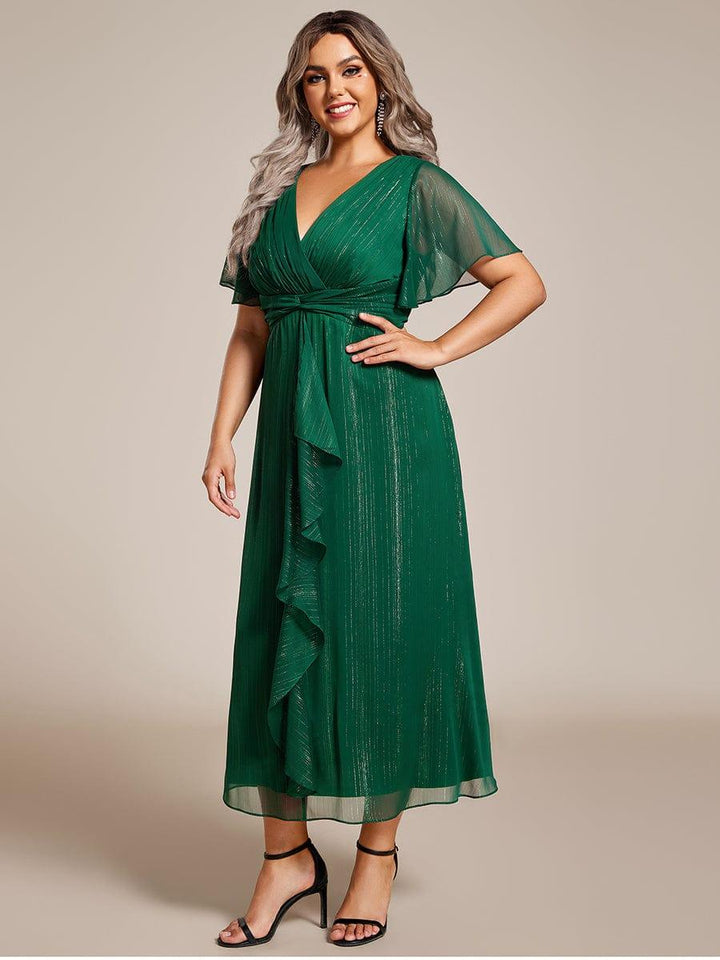 pretty OPAHL|Plus Size Silver Metallic Fabric V-Neck A-Line Wedding Guest Dress featuring Delicate Ruffled Hem