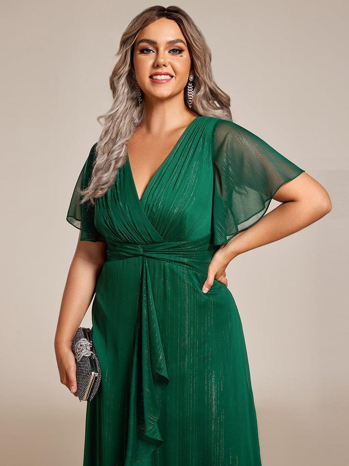ever OPAHL|Silver Metallic Fabric V-Neck A-Line Wedding Guest Dress Featuring Delicate Ruffled Hem