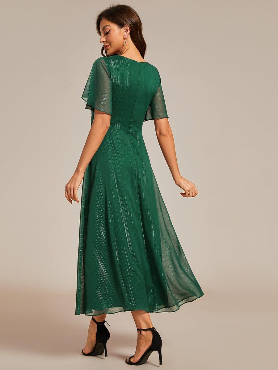 ever OPAHL|Silver Metallic Fabric V-Neck A-Line Wedding Guest Dress Featuring Delicate Ruffled Hem