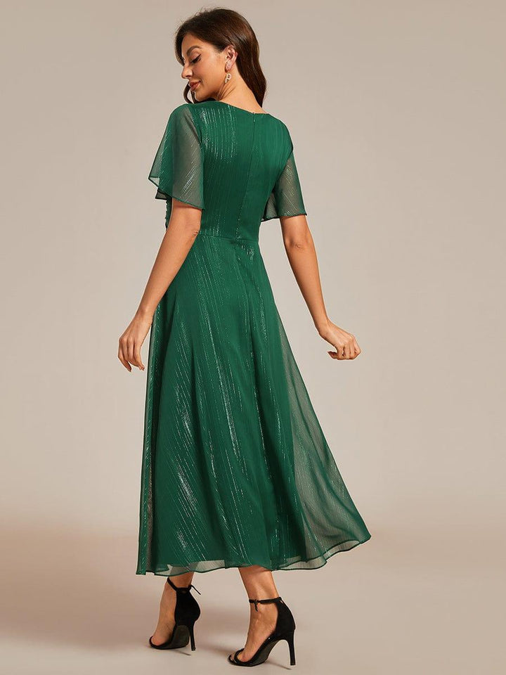 ever OPAHL|Silver Metallic Fabric V-Neck A-Line Wedding Guest Dress Featuring Delicate Ruffled Hem