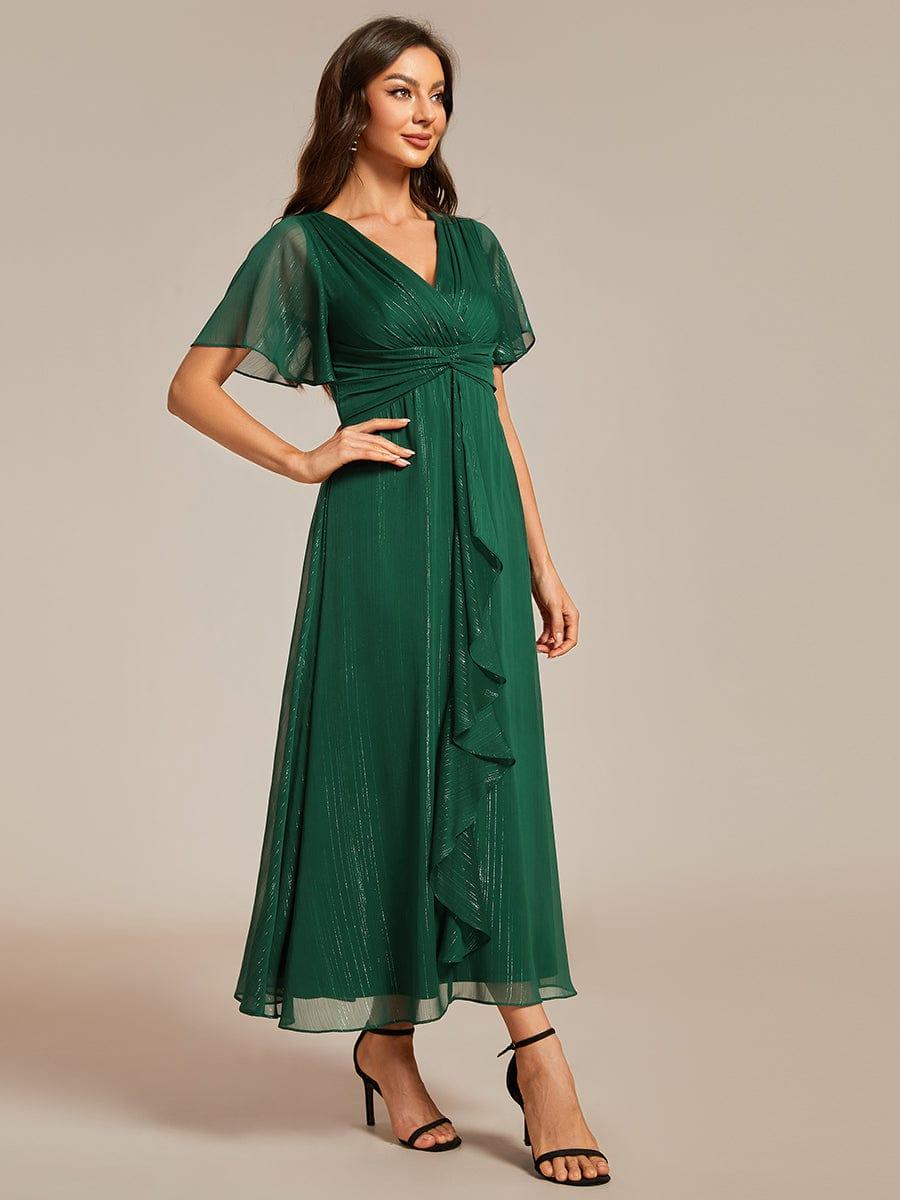 ever OPAHL|Silver Metallic Fabric V-Neck A-Line Wedding Guest Dress Featuring Delicate Ruffled Hem