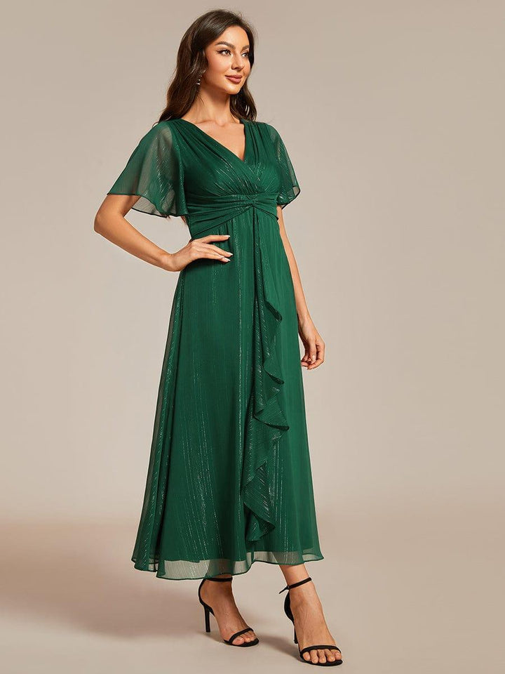 ever OPAHL|Silver Metallic Fabric V-Neck A-Line Wedding Guest Dress Featuring Delicate Ruffled Hem