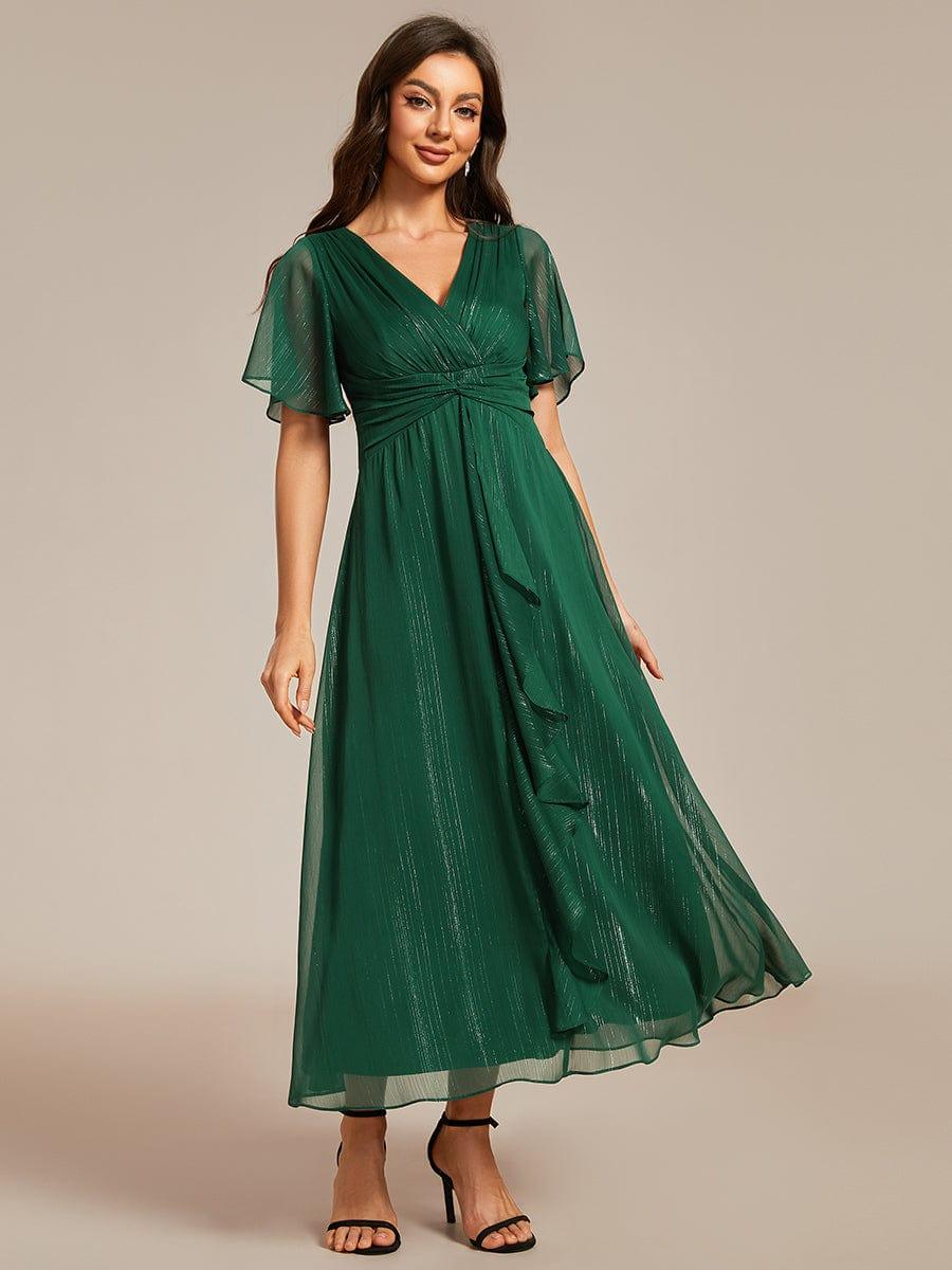 ever OPAHL|Silver Metallic Fabric V-Neck A-Line Wedding Guest Dress Featuring Delicate Ruffled Hem