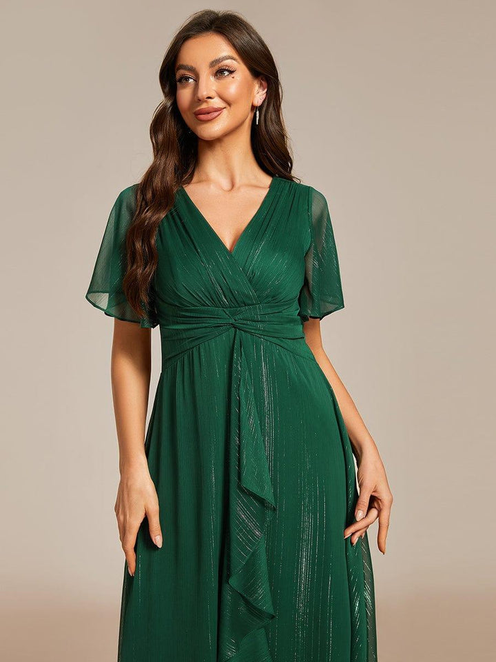 ever OPAHL|Silver Metallic Fabric V-Neck A-Line Wedding Guest Dress Featuring Delicate Ruffled Hem