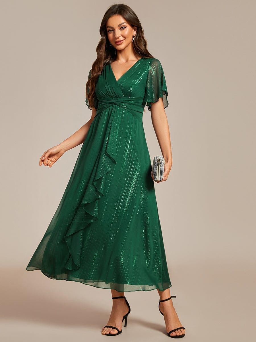 ever OPAHL|Silver Metallic Fabric V-Neck A-Line Wedding Guest Dress Featuring Delicate Ruffled Hem