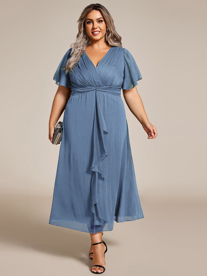 pretty OPAHL|Plus Size Silver Metallic Fabric V-Neck A-Line Wedding Guest Dress featuring Delicate Ruffled Hem