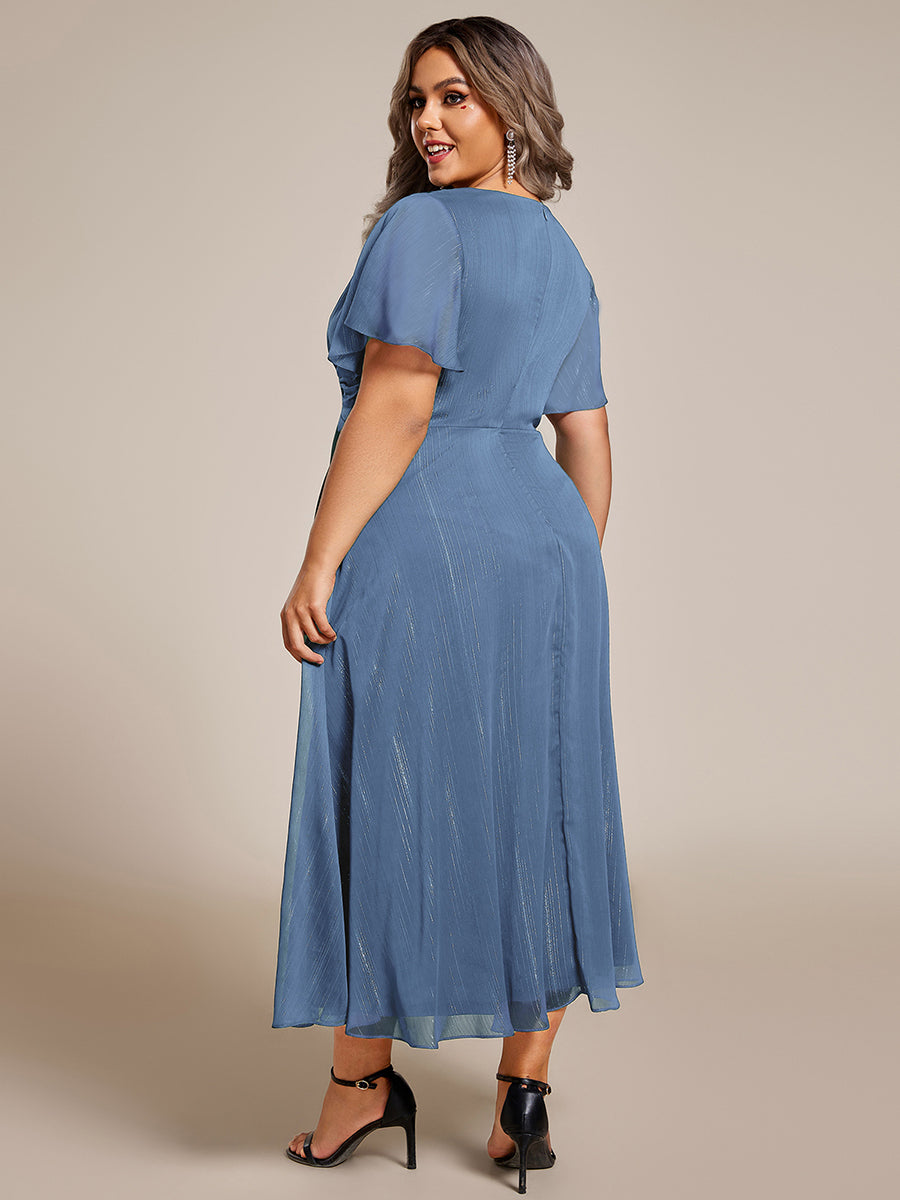 ever OPAHL|Silver Metallic Fabric V-Neck A-Line Wedding Guest Dress Featuring Delicate Ruffled Hem