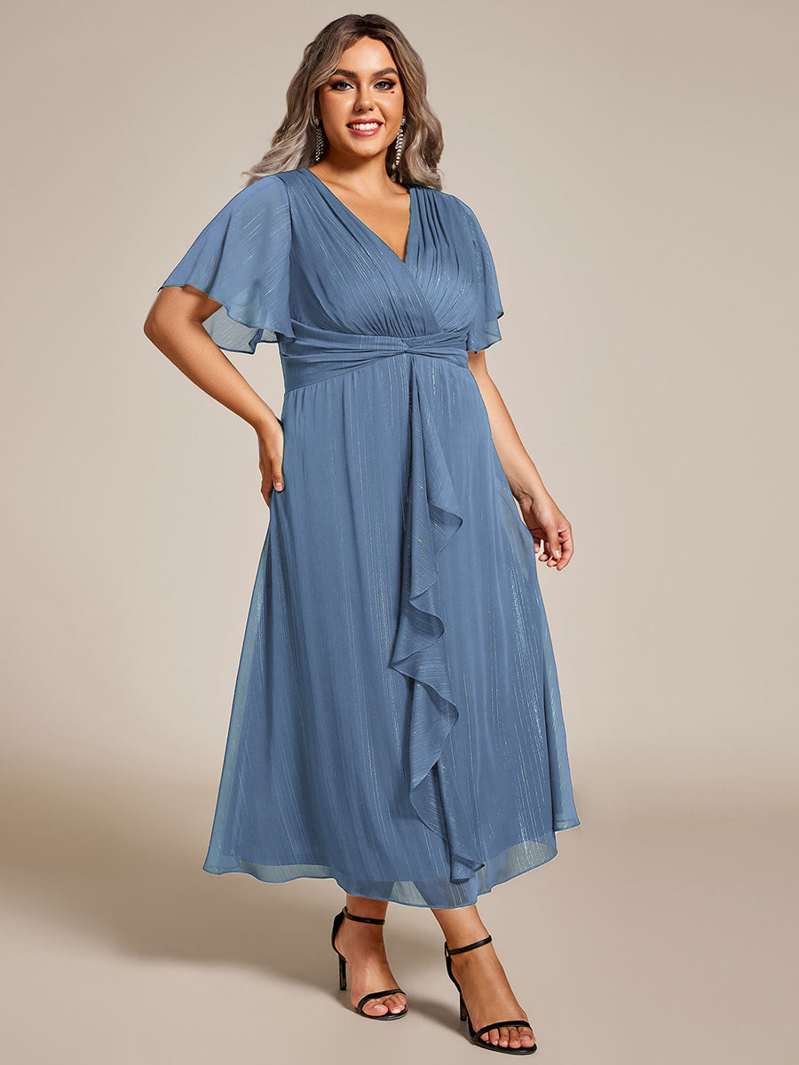pretty OPAHL|Plus Size Silver Metallic Fabric V-Neck A-Line Wedding Guest Dress featuring Delicate Ruffled Hem