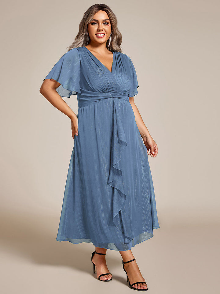 pretty OPAHL|Plus Size Silver Metallic Fabric V-Neck A-Line Wedding Guest Dress featuring Delicate Ruffled Hem