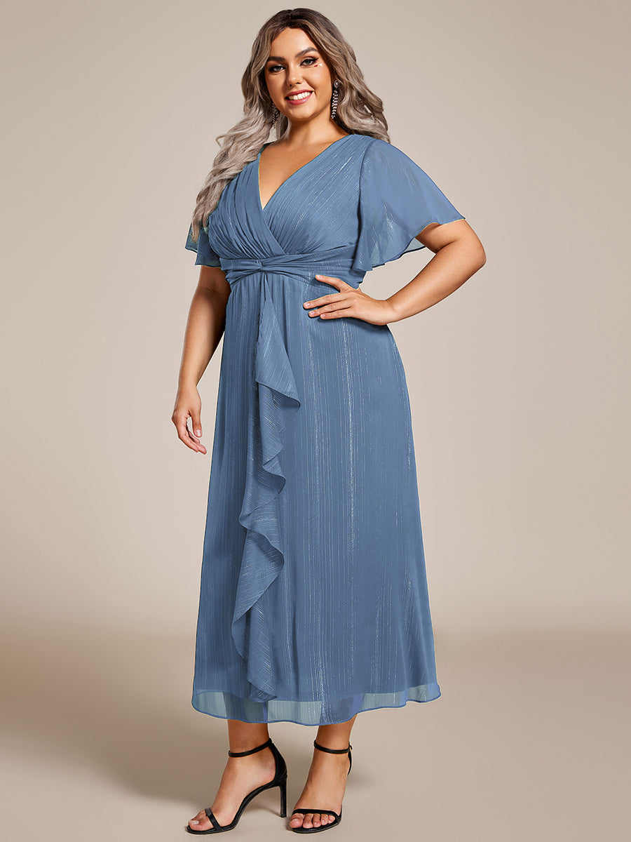 ever OPAHL|Silver Metallic Fabric V-Neck A-Line Wedding Guest Dress Featuring Delicate Ruffled Hem