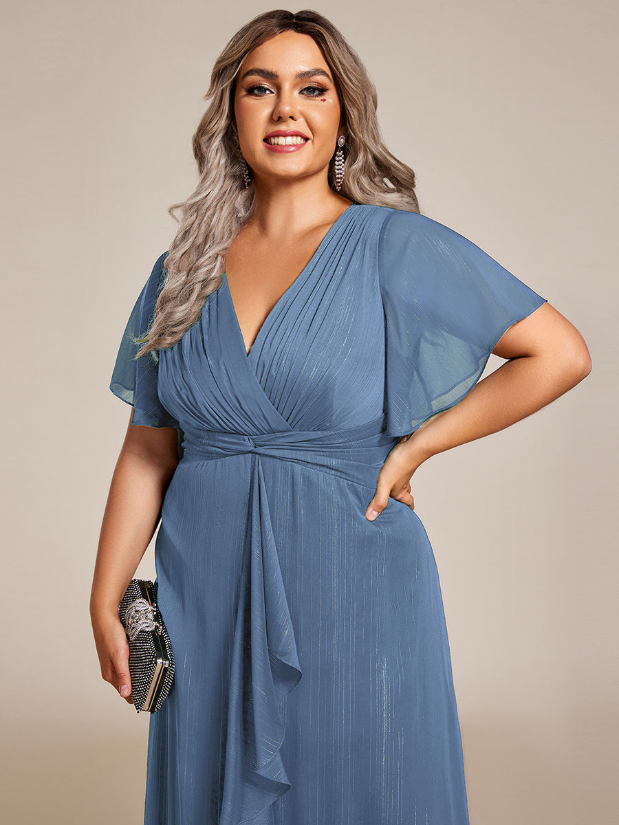 pretty OPAHL|Plus Size Silver Metallic Fabric V-Neck A-Line Wedding Guest Dress featuring Delicate Ruffled Hem