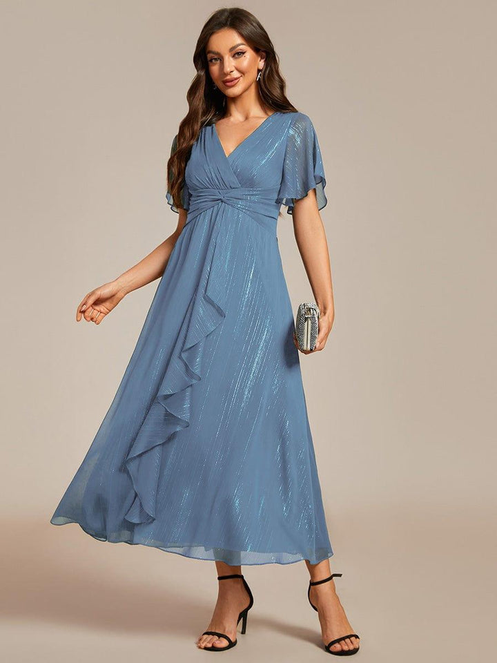 ever OPAHL|Silver Metallic Fabric V-Neck A-Line Wedding Guest Dress Featuring Delicate Ruffled Hem