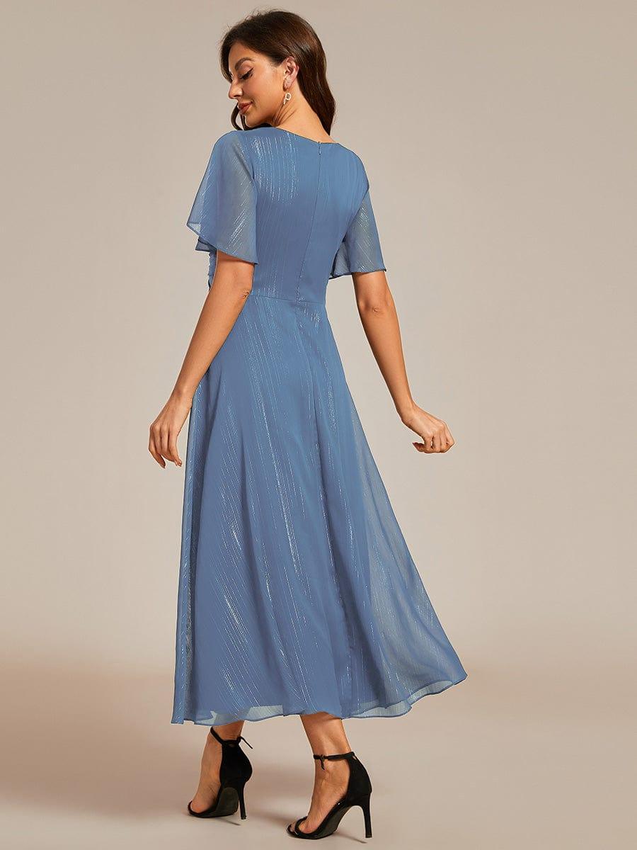 ever OPAHL|Silver Metallic Fabric V-Neck A-Line Wedding Guest Dress Featuring Delicate Ruffled Hem