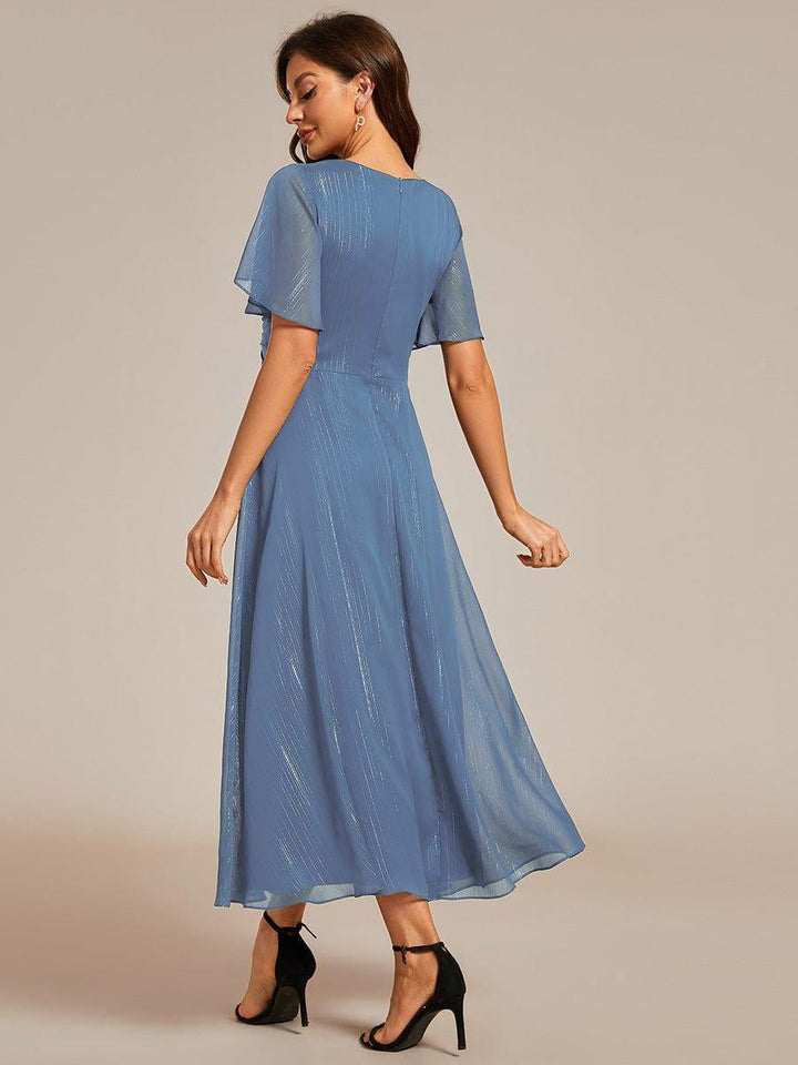 ever OPAHL|Silver Metallic Fabric V-Neck A-Line Wedding Guest Dress Featuring Delicate Ruffled Hem