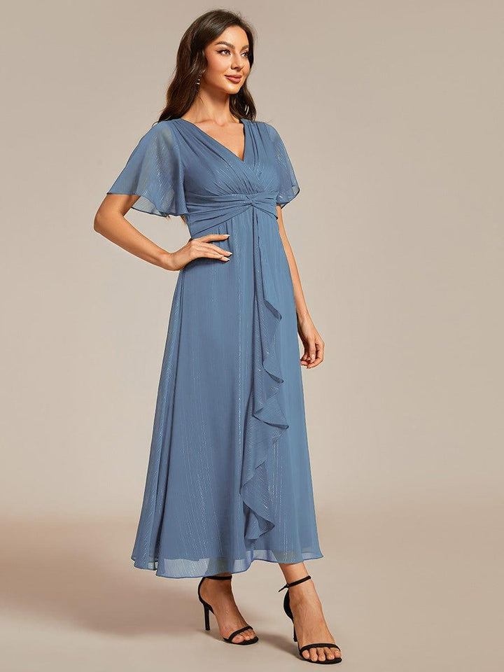 ever OPAHL|Silver Metallic Fabric V-Neck A-Line Wedding Guest Dress Featuring Delicate Ruffled Hem