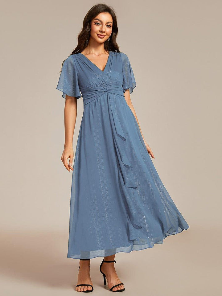 ever OPAHL|Silver Metallic Fabric V-Neck A-Line Wedding Guest Dress Featuring Delicate Ruffled Hem