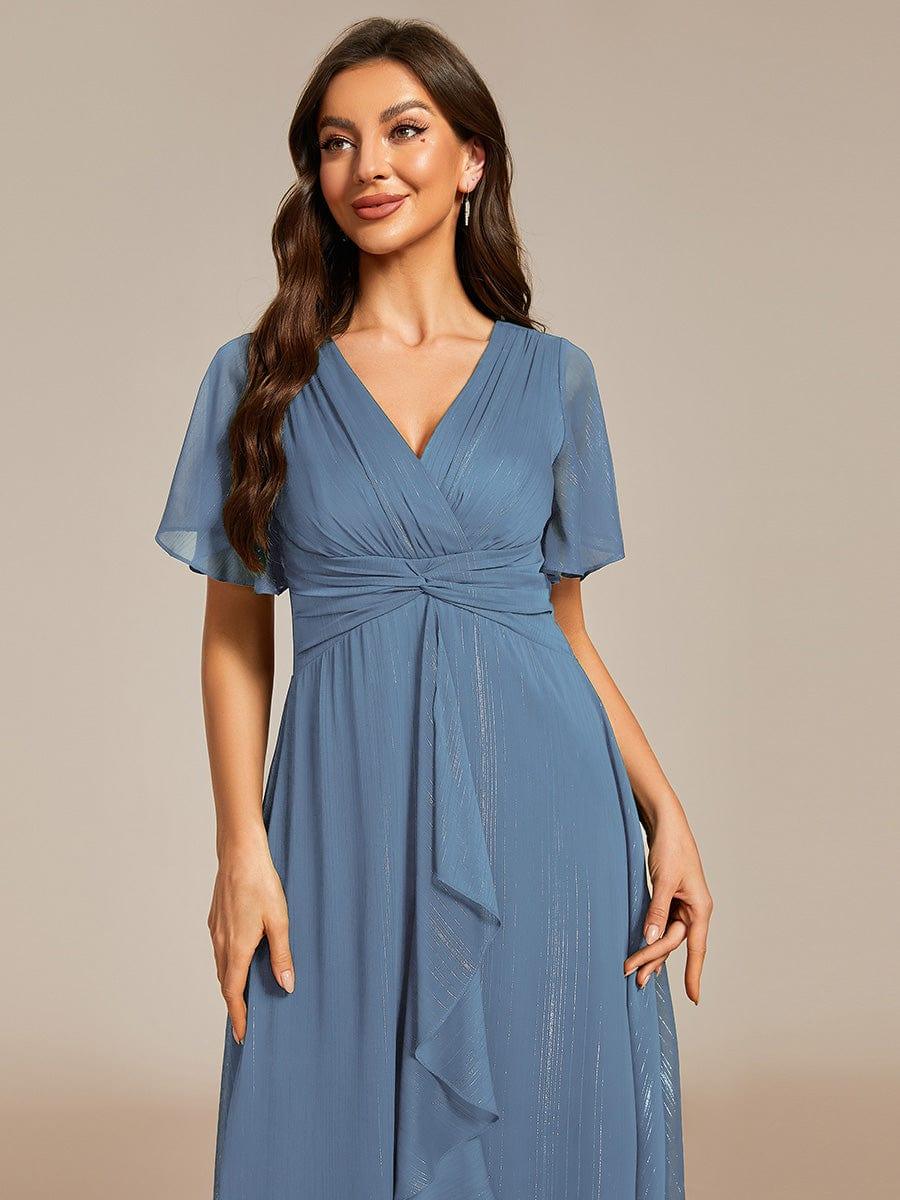 ever OPAHL|Silver Metallic Fabric V-Neck A-Line Wedding Guest Dress Featuring Delicate Ruffled Hem
