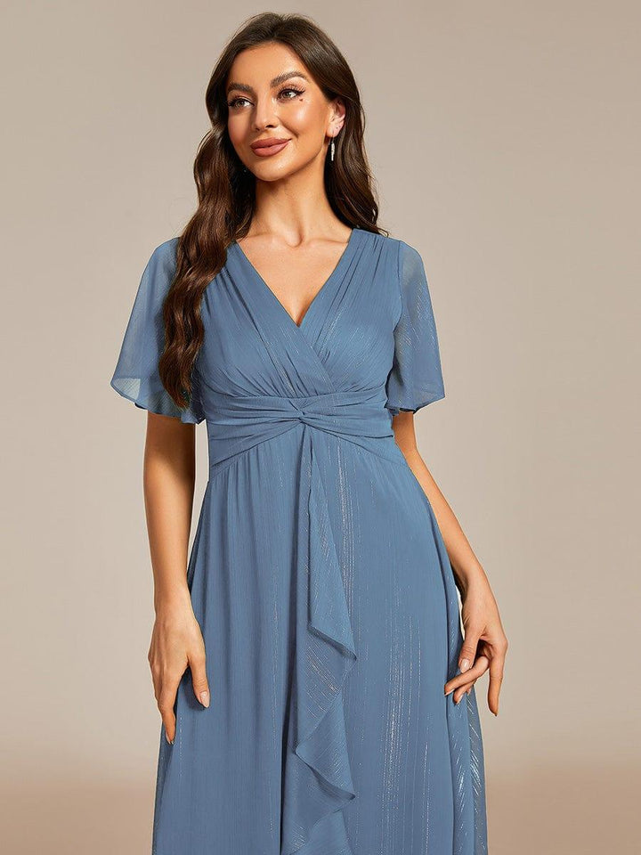 ever OPAHL|Silver Metallic Fabric V-Neck A-Line Wedding Guest Dress Featuring Delicate Ruffled Hem