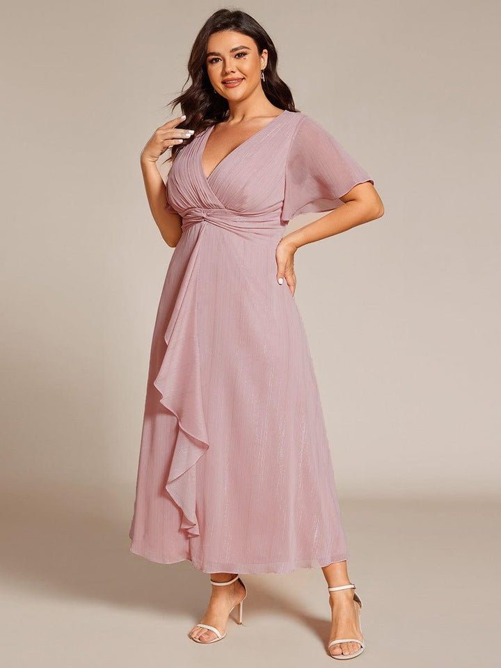 pretty OPAHL|Plus Size Silver Metallic Fabric V-Neck A-Line Wedding Guest Dress featuring Delicate Ruffled Hem