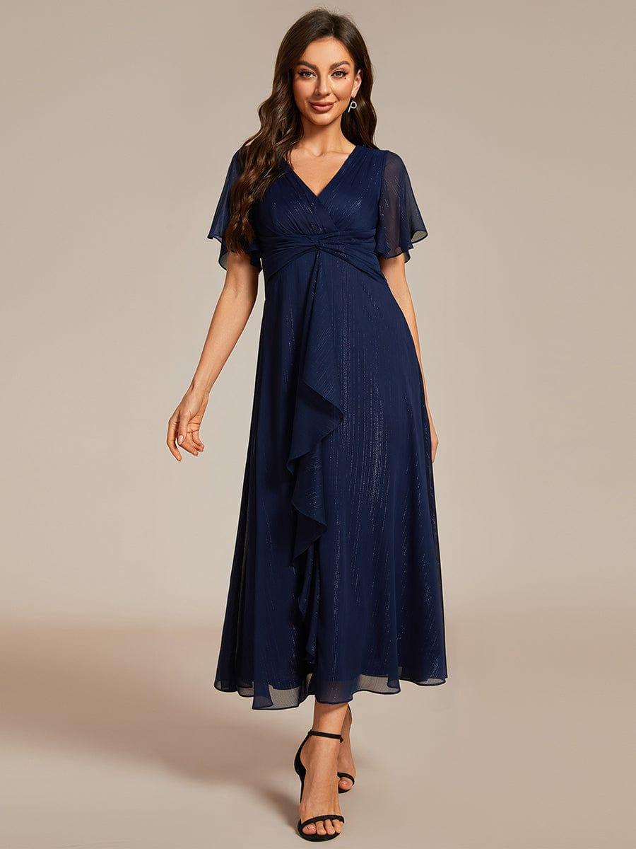 ever OPAHL|Silver Metallic Fabric V-Neck A-Line Wedding Guest Dress Featuring Delicate Ruffled Hem
