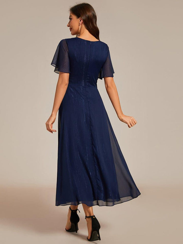 ever OPAHL|Silver Metallic Fabric V-Neck A-Line Wedding Guest Dress Featuring Delicate Ruffled Hem