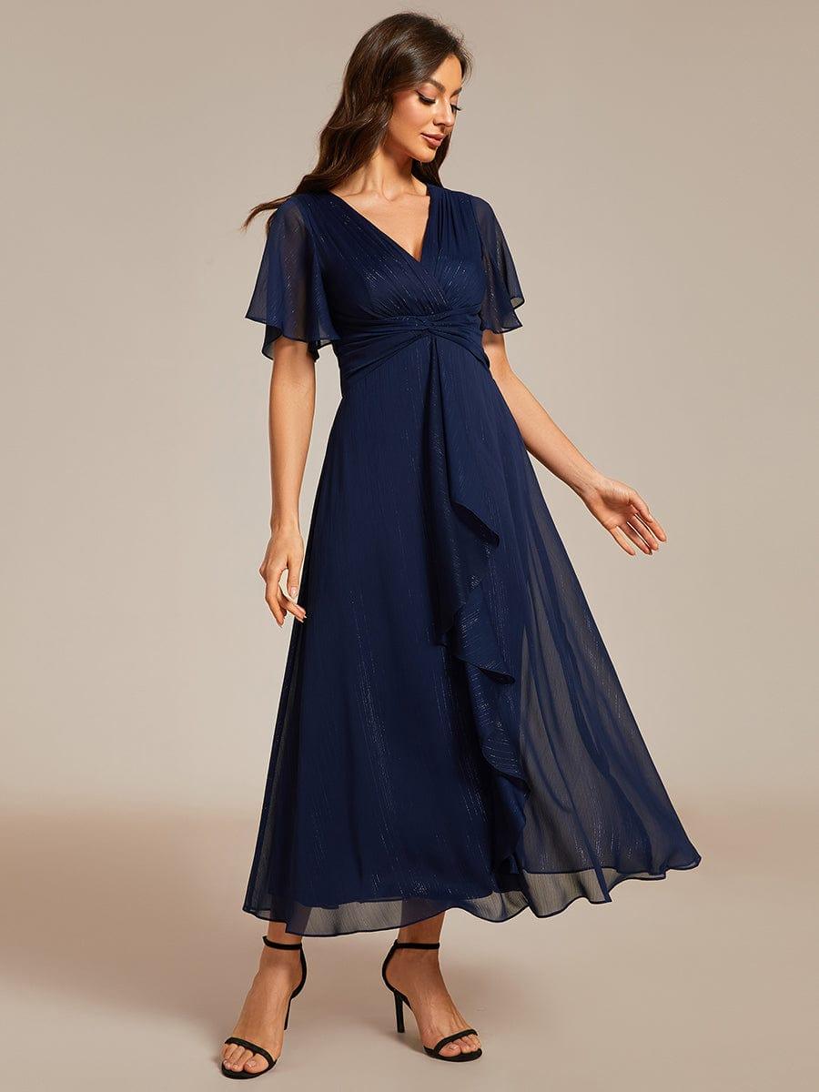 ever OPAHL|Silver Metallic Fabric V-Neck A-Line Wedding Guest Dress Featuring Delicate Ruffled Hem