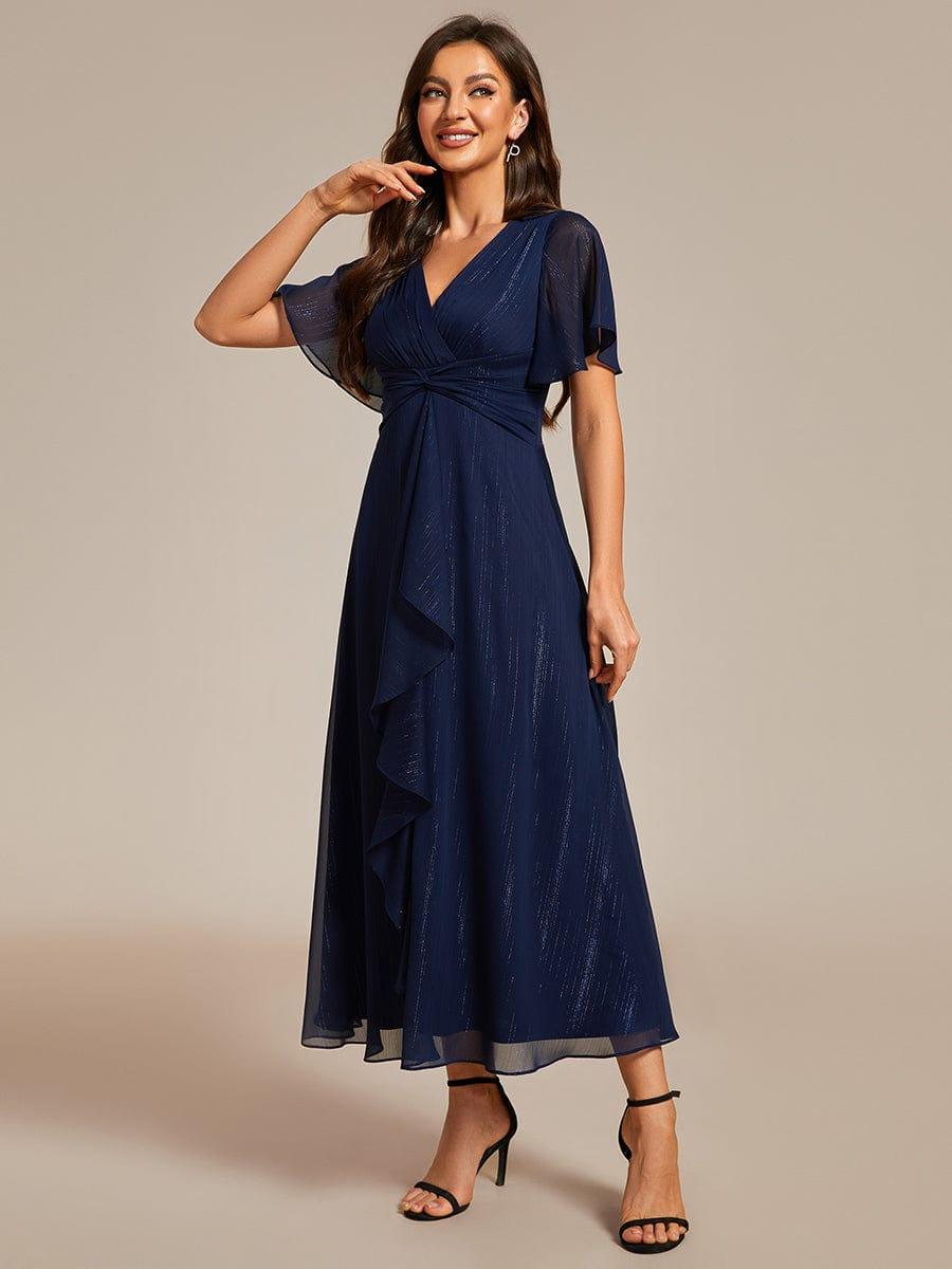 ever OPAHL|Silver Metallic Fabric V-Neck A-Line Wedding Guest Dress Featuring Delicate Ruffled Hem