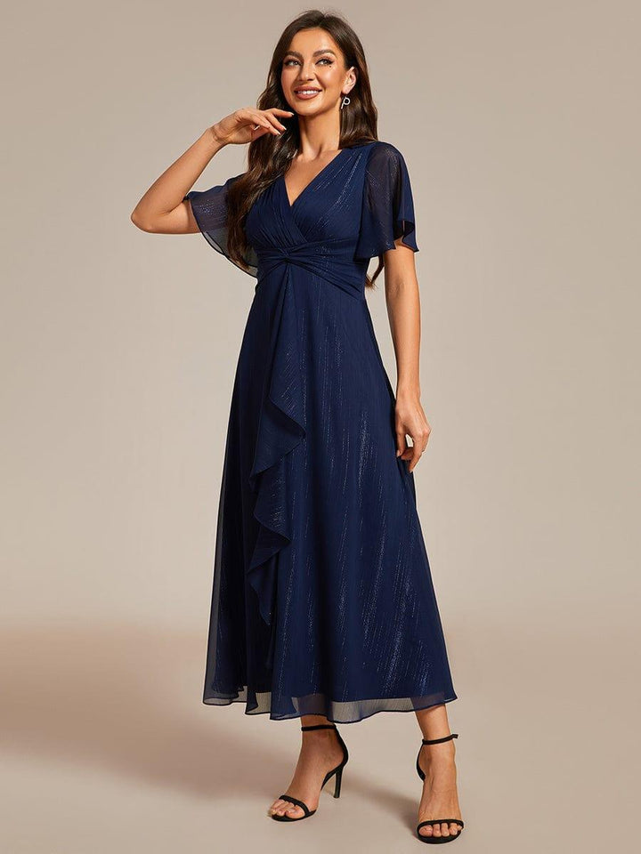ever OPAHL|Silver Metallic Fabric V-Neck A-Line Wedding Guest Dress Featuring Delicate Ruffled Hem