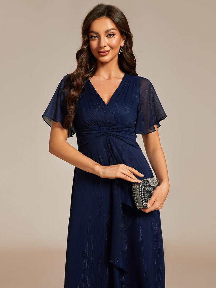ever OPAHL|Silver Metallic Fabric V-Neck A-Line Wedding Guest Dress Featuring Delicate Ruffled Hem
