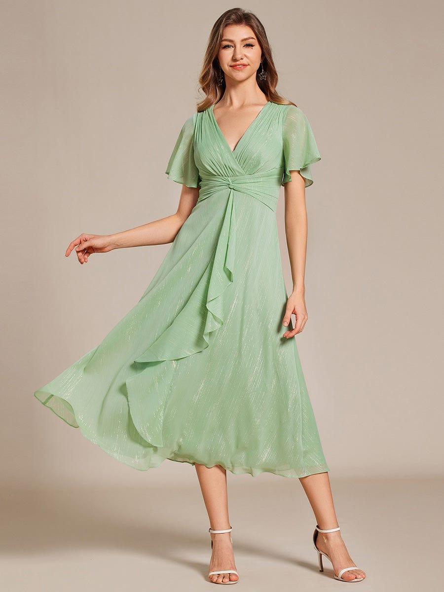 ever OPAHL|Silver Metallic Fabric V-Neck A-Line Wedding Guest Dress Featuring Delicate Ruffled Hem