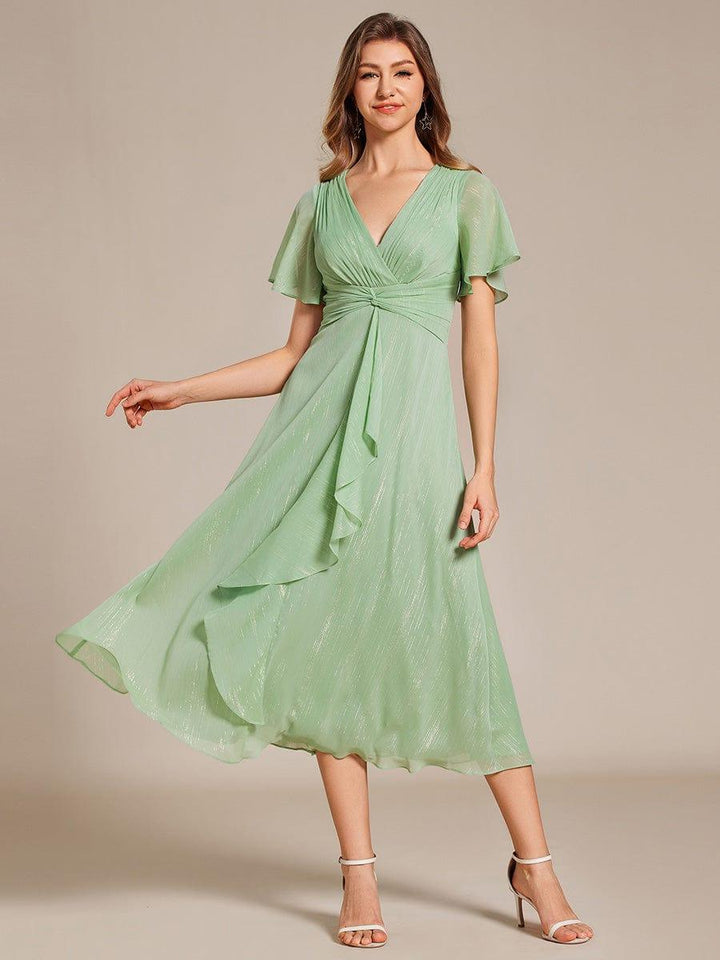 ever OPAHL|Silver Metallic Fabric V-Neck A-Line Wedding Guest Dress Featuring Delicate Ruffled Hem