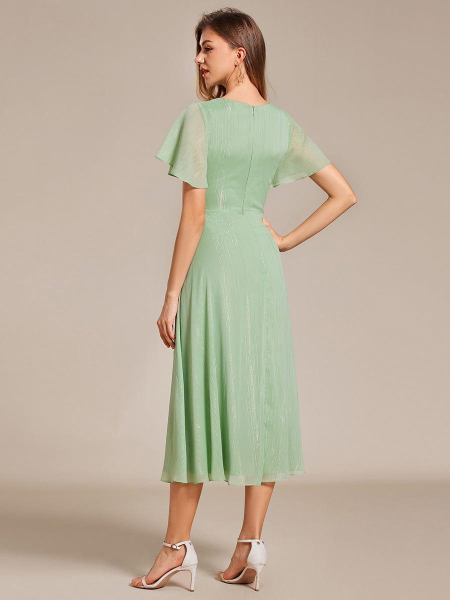 ever OPAHL|Silver Metallic Fabric V-Neck A-Line Wedding Guest Dress Featuring Delicate Ruffled Hem