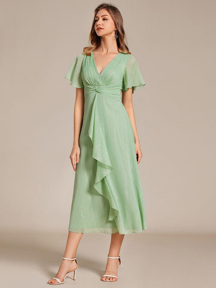 ever OPAHL|Silver Metallic Fabric V-Neck A-Line Wedding Guest Dress Featuring Delicate Ruffled Hem