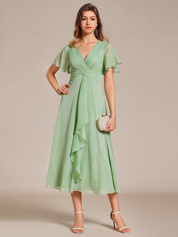 ever OPAHL|Silver Metallic Fabric V-Neck A-Line Wedding Guest Dress Featuring Delicate Ruffled Hem