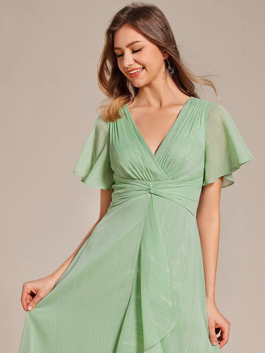 ever OPAHL|Silver Metallic Fabric V-Neck A-Line Wedding Guest Dress Featuring Delicate Ruffled Hem