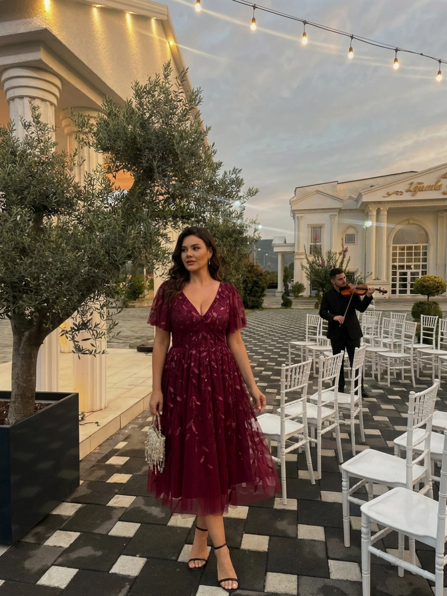 ever SIMONE|Short Sleeves Leaf Sequin A-Line Midi Formal Wedding Guest Dress