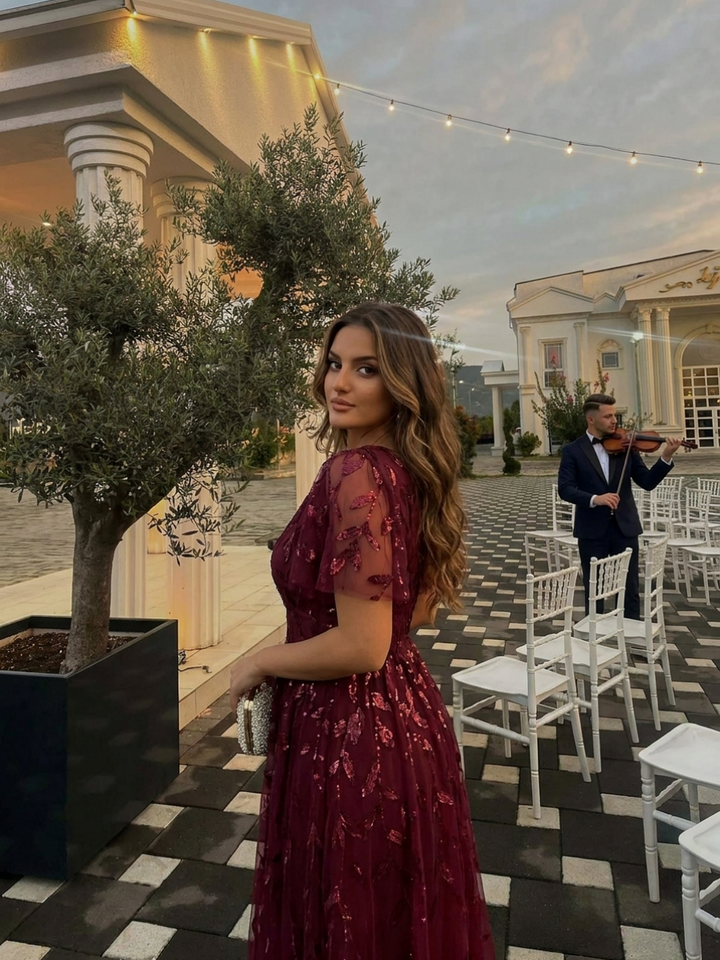 ever SIMONE|Short Sleeves Leaf Sequin A-Line Midi Formal Wedding Guest Dress