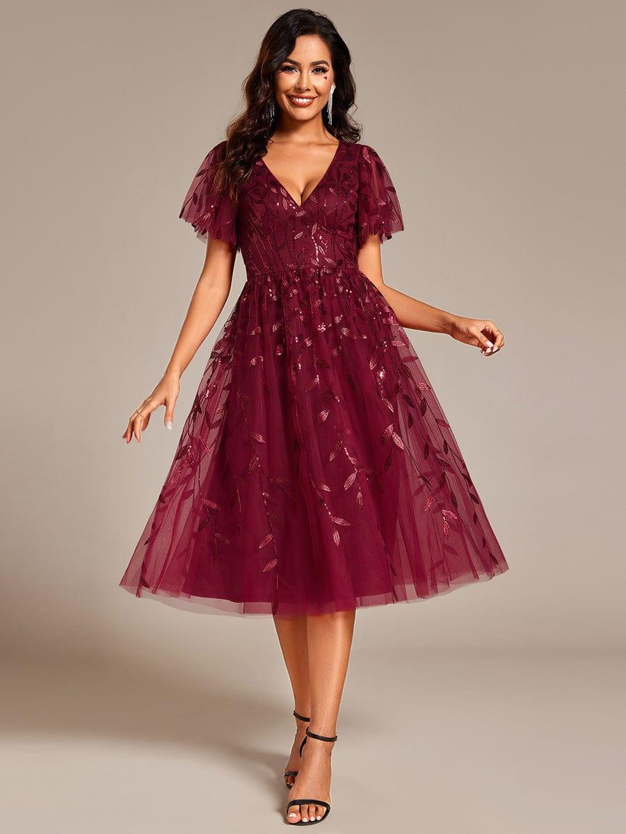 ever SIMONE|Short Sleeves Leaf Sequin A-Line Midi Formal Wedding Guest Dress
