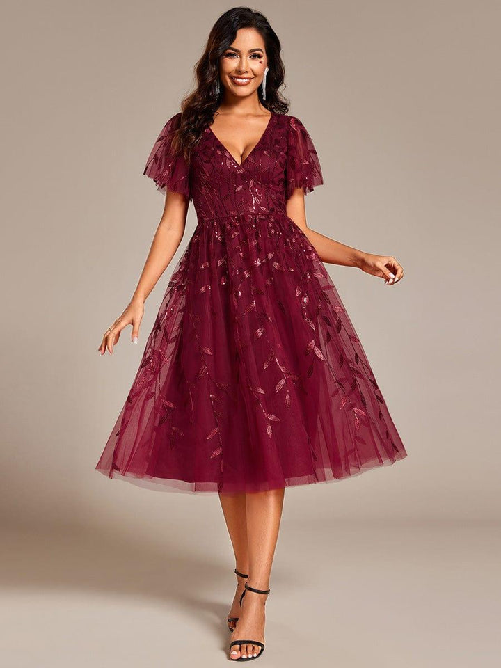 ever SIMONE|Short Sleeves Leaf Sequin A-Line Midi Formal Wedding Guest Dress