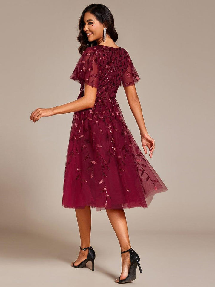 ever SIMONE|Short Sleeves Leaf Sequin A-Line Midi Formal Wedding Guest Dress