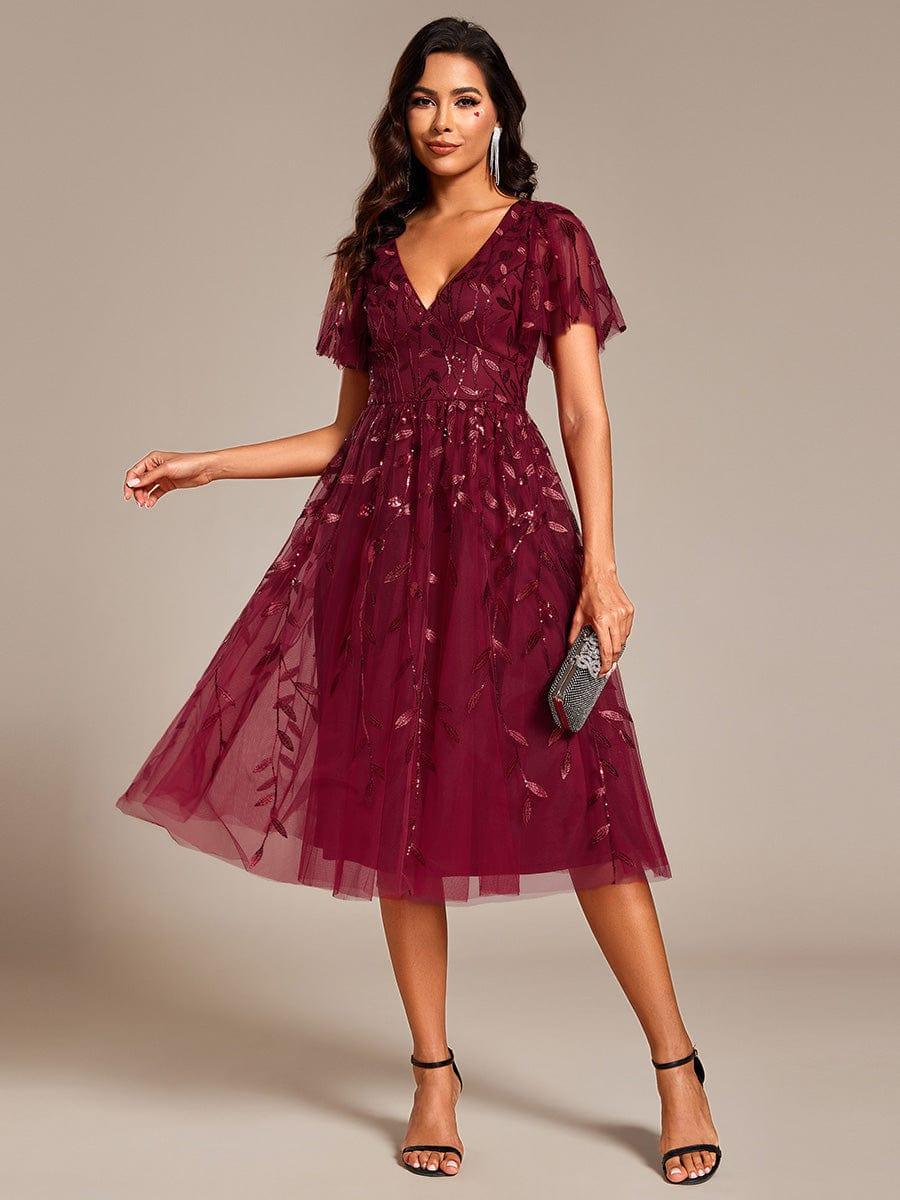 ever SIMONE|Short Sleeves Leaf Sequin A-Line Midi Formal Wedding Guest Dress