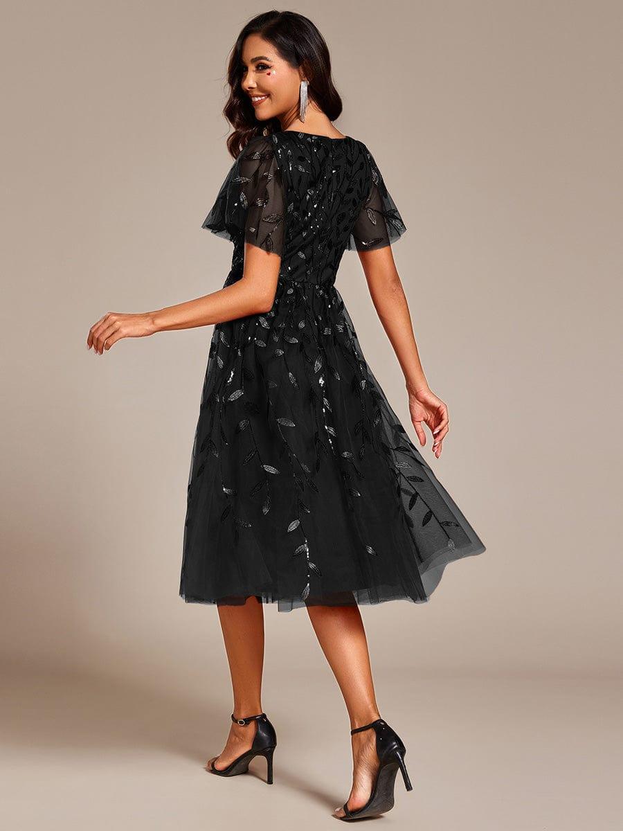 ever SIMONE|Short Sleeves Leaf Sequin A-Line Midi Formal Wedding Guest Dress