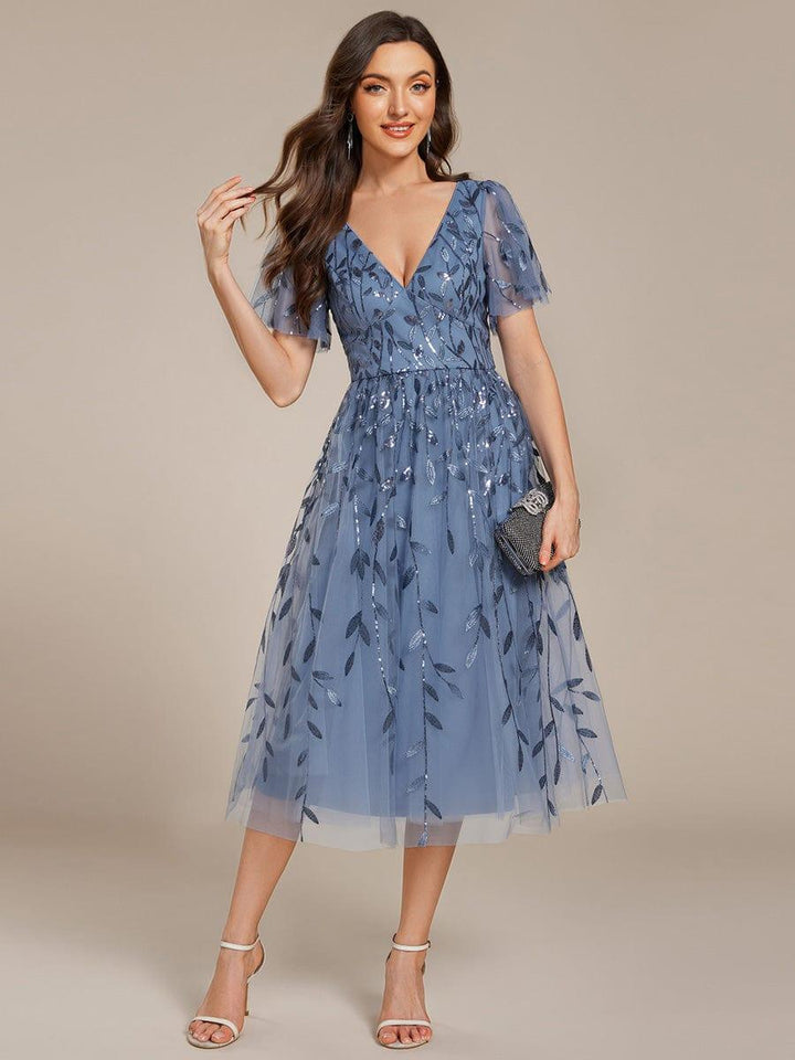 ever SIMONE|Short Sleeves Leaf Sequin A-Line Midi Formal Wedding Guest Dress